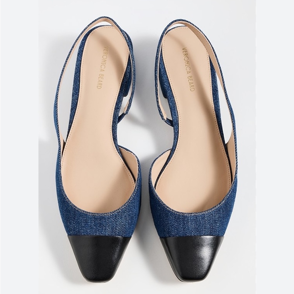 NWT Veronica Beard Cecile Denim & Black Slingback Flats, sz 9